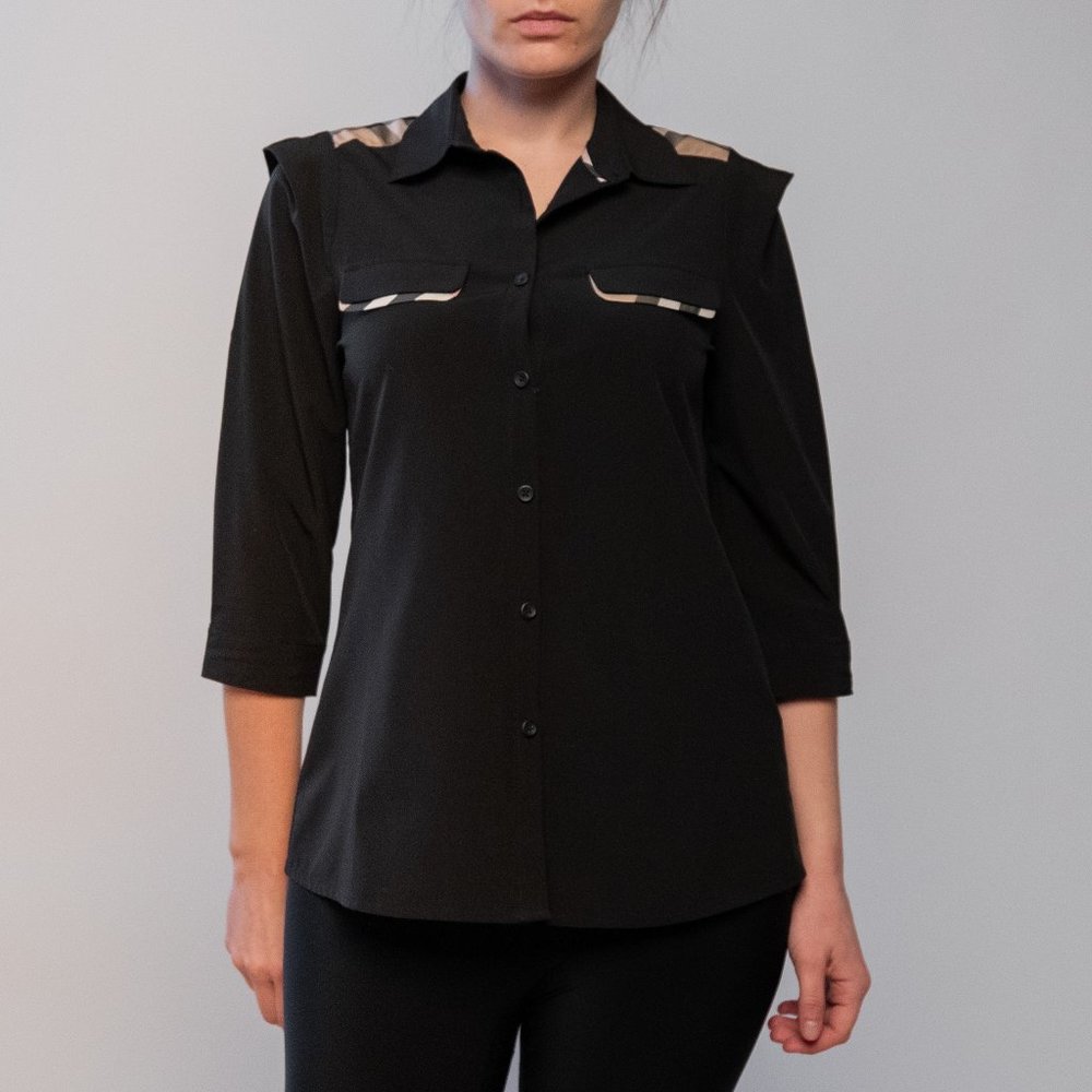 Black shirt with beige and red plaid print